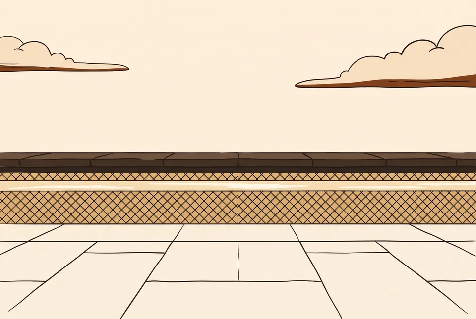 Line illustration of a residential pool's edge: coping, waterline tile, and deck under open sky.