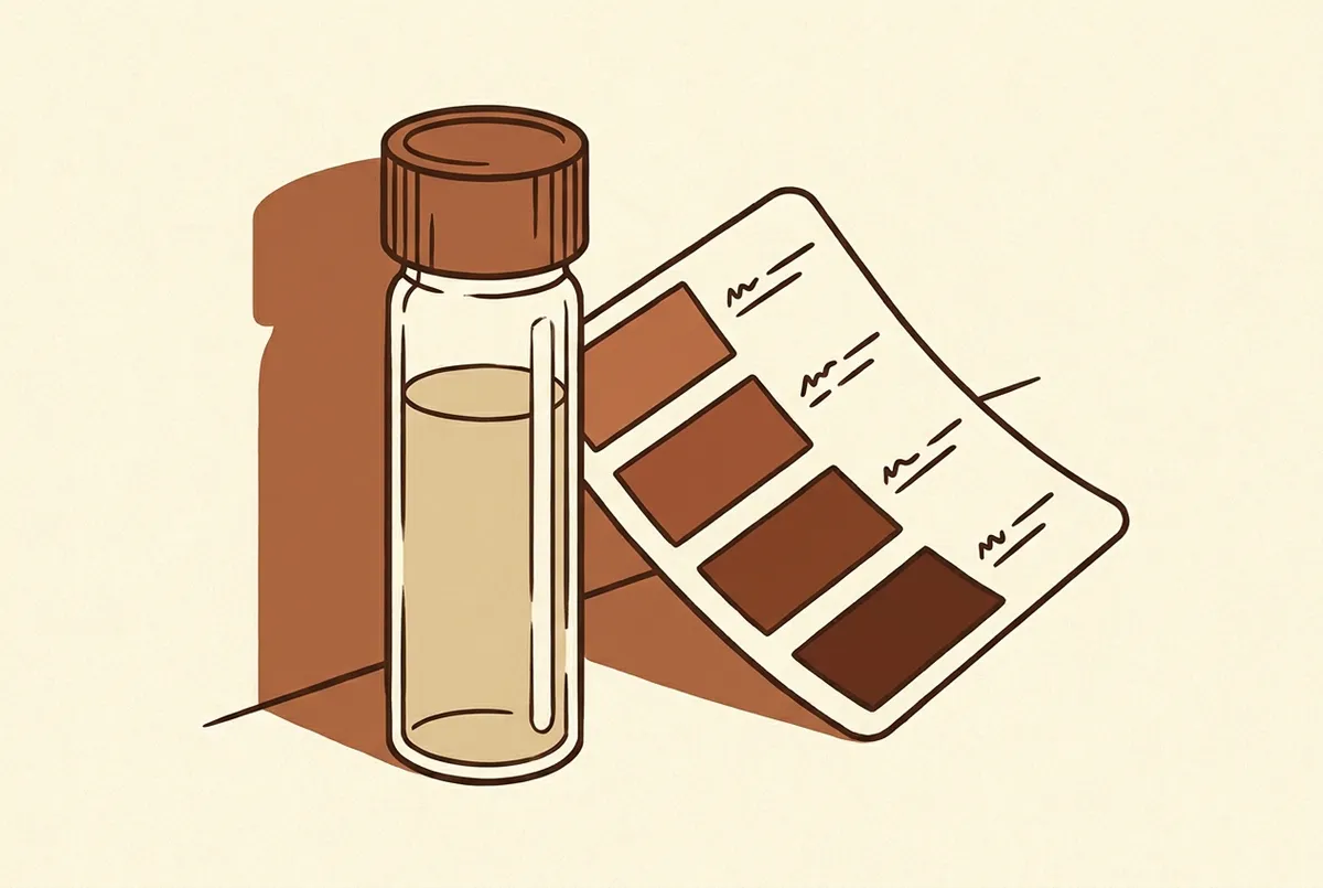 Line illustration of a water-test vial beside a colour-comparator scale.
